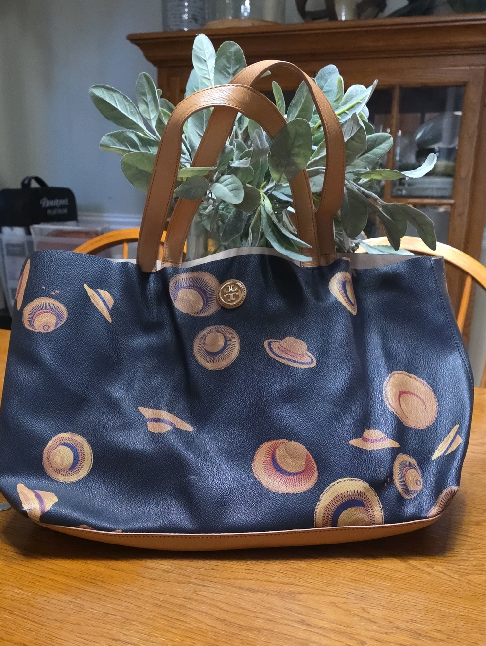 Tory Burch Navy Hat-Print Tote with Tan Leather Handles